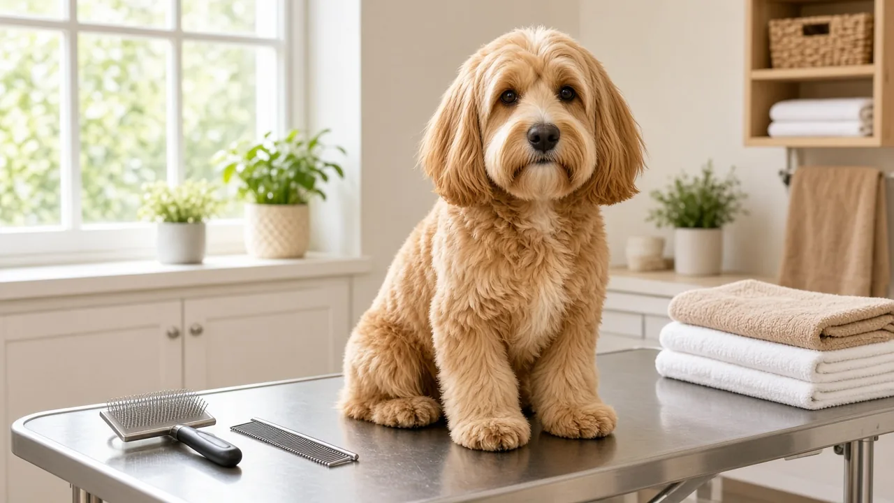 A freshly groomed fluffy doodle-type dog sitting on a stainless grooming table beside folded towels, a brush and a comb in a bright grooming room